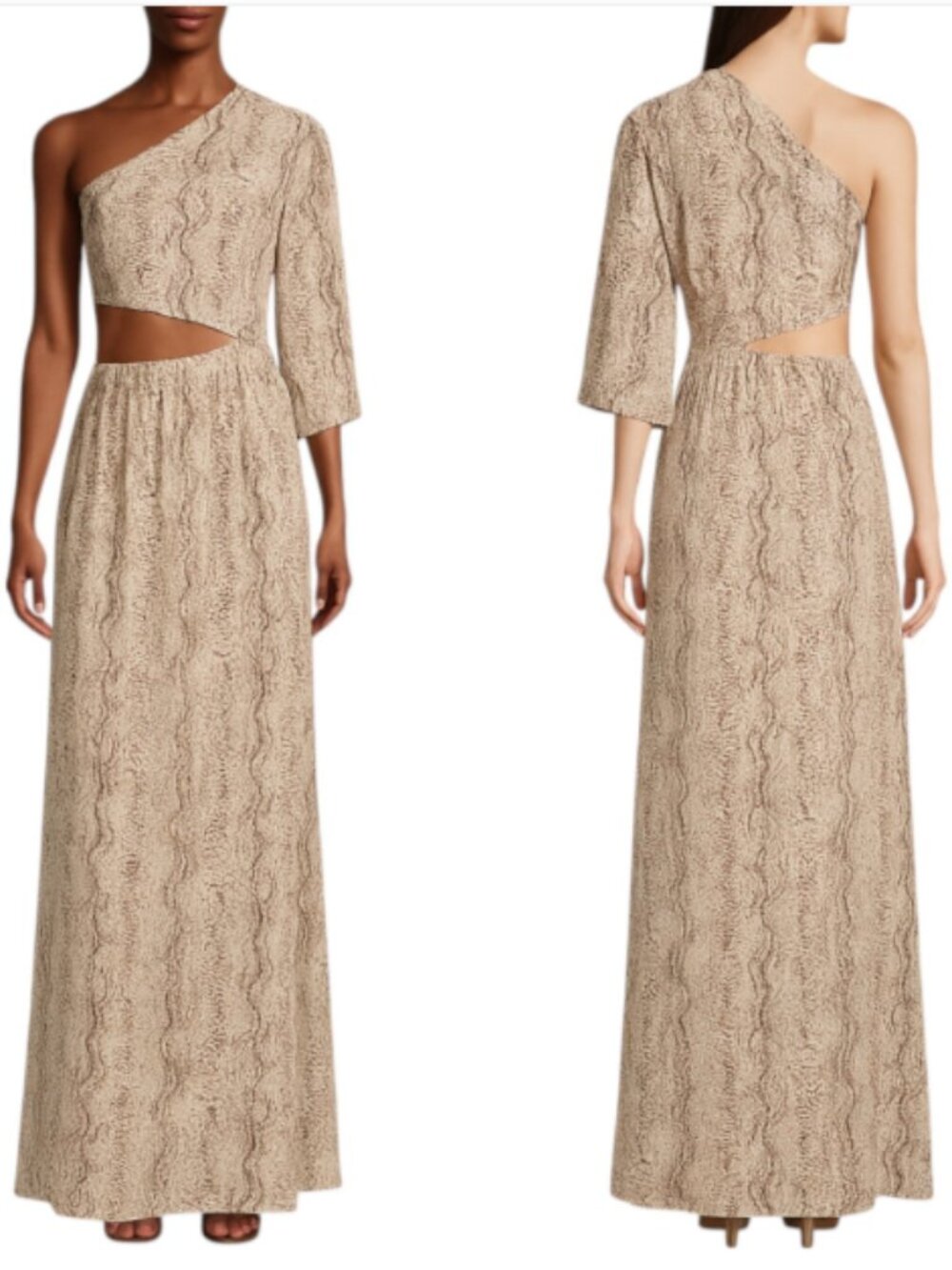 NEW L’AGENCE X-Small Sleek Neutral Maxi Dress Snakeskin Print One Shoulder Party